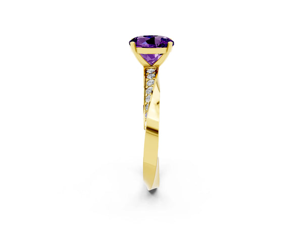 Yellow gold Round Cut Amethyst Engagement Ring with Side Stone Accents and Four-Prong Setting