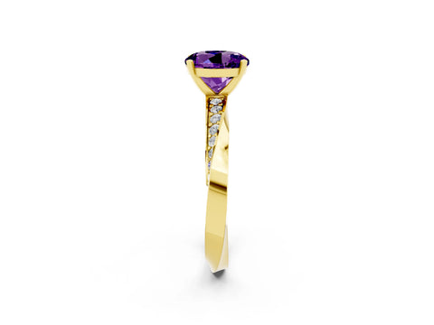 Yellow gold Round Cut Amethyst Engagement Ring with Side Stone Accents and Four-Prong Setting_29