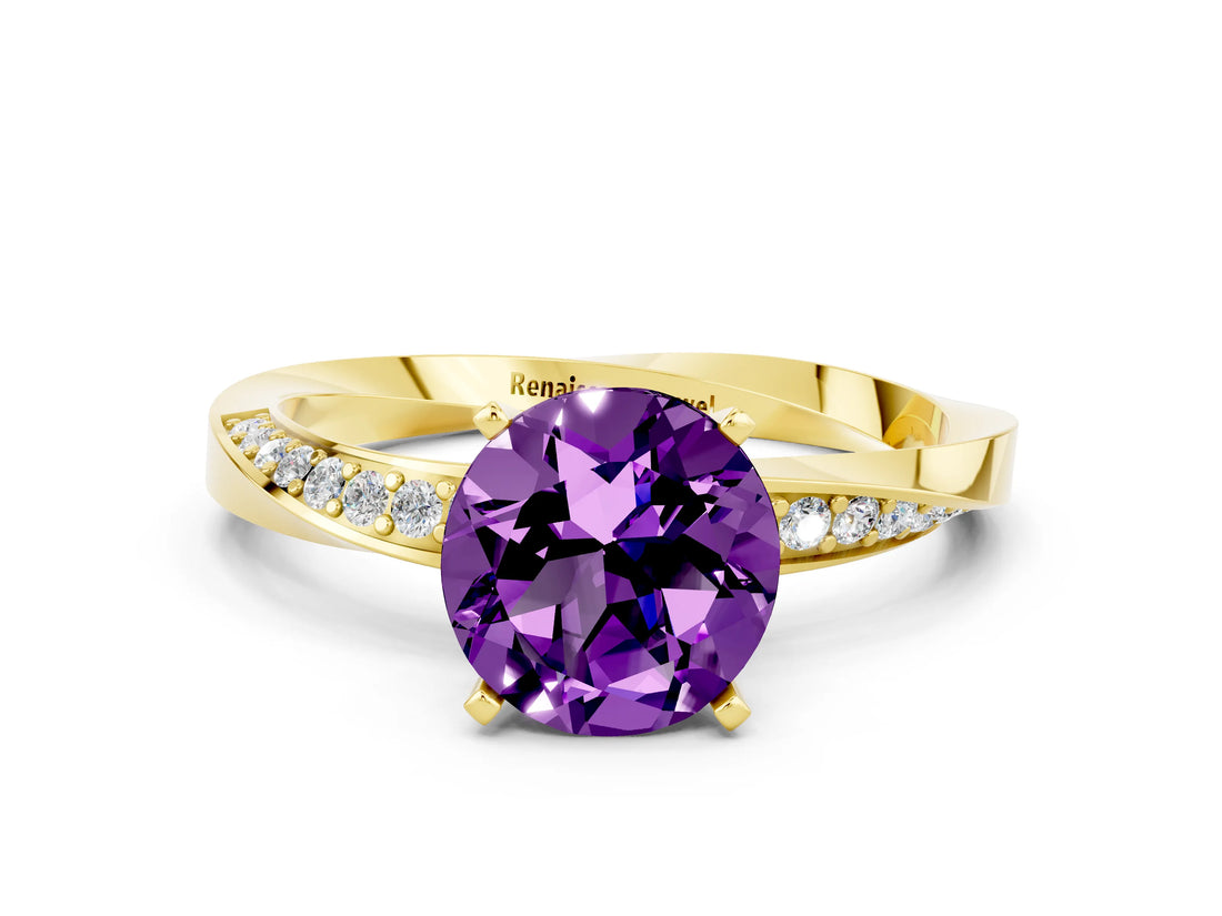 Yellow gold Round Cut Amethyst Engagement Ring with Side Stone Accents and Four-Prong Setting_60