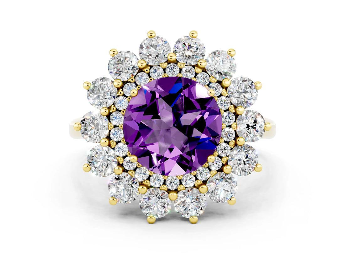 Yellow gold Round Cut Amethyst Floral Double Halo Engagement Ring with Prong Setting_60