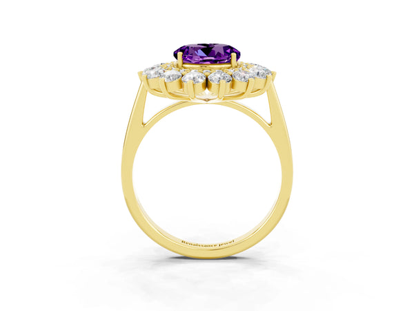 Yellow gold Round Cut Amethyst Floral Double Halo Engagement Ring with Prong Setting