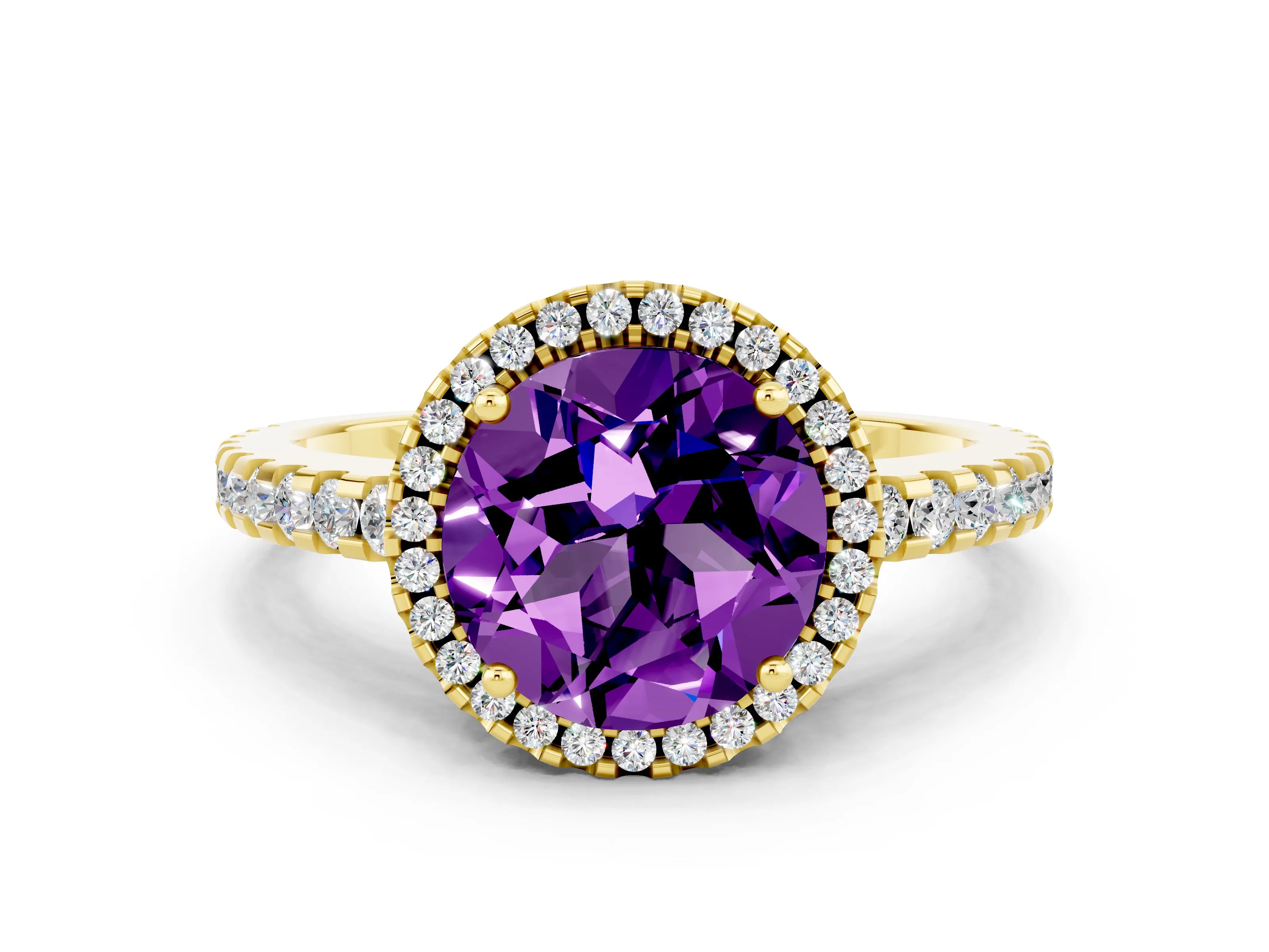 Yellow gold Round Cut Amethyst Halo Engagement Ring with Pavé Band and Prong Setting_12