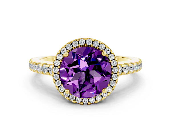 Yellow gold Round Cut Amethyst Halo Engagement Ring with Pavé Band and Prong Setting