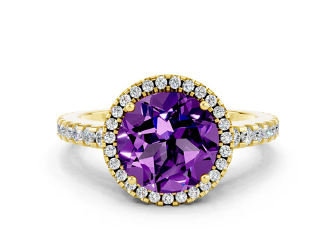 Yellow gold Round Cut Amethyst Halo Engagement Ring with Pavé Band and Prong Setting_12