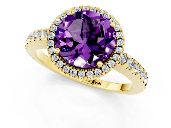 Yellow gold Round Cut Amethyst Halo Engagement Ring with Pavé Band and Prong Setting