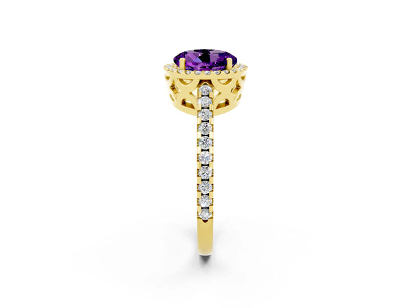 Yellow gold Round Cut Amethyst Halo Engagement Ring with Pavé Band and Prong Setting