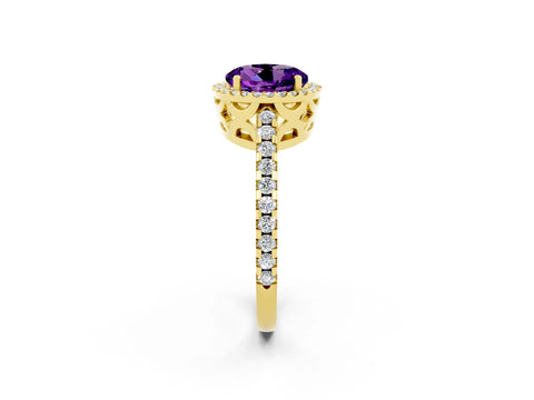 Yellow gold Round Cut Amethyst Halo Engagement Ring with Pavé Band and Prong Setting_14