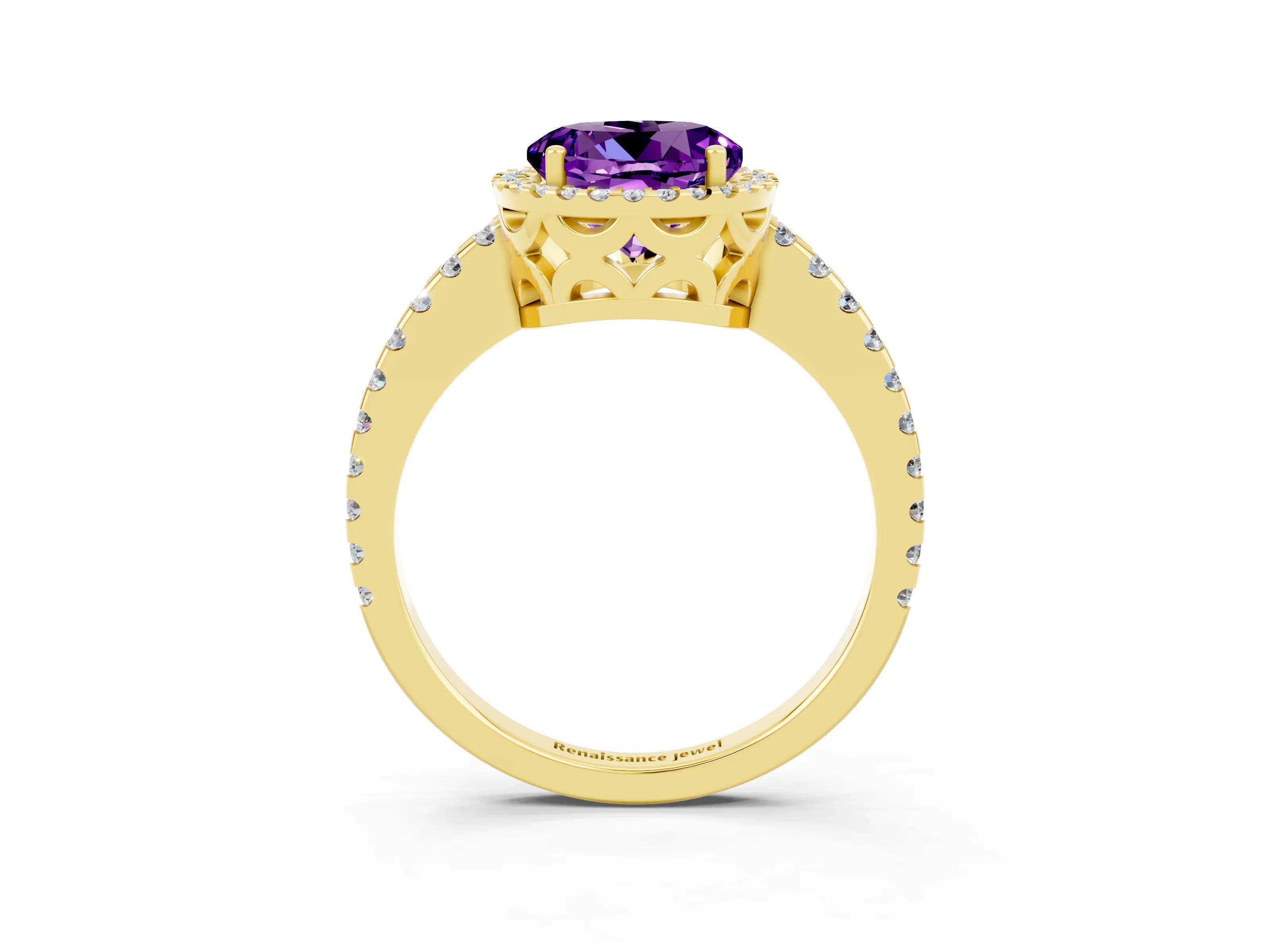 Yellow gold Round Cut Amethyst Halo Engagement Ring with Pavé Band and Prong Setting_15