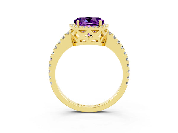 Yellow gold Round Cut Amethyst Halo Engagement Ring with Pavé Band and Prong Setting