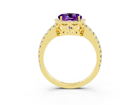 Yellow gold Round Cut Amethyst Halo Engagement Ring with Pavé Band and Prong Setting_15