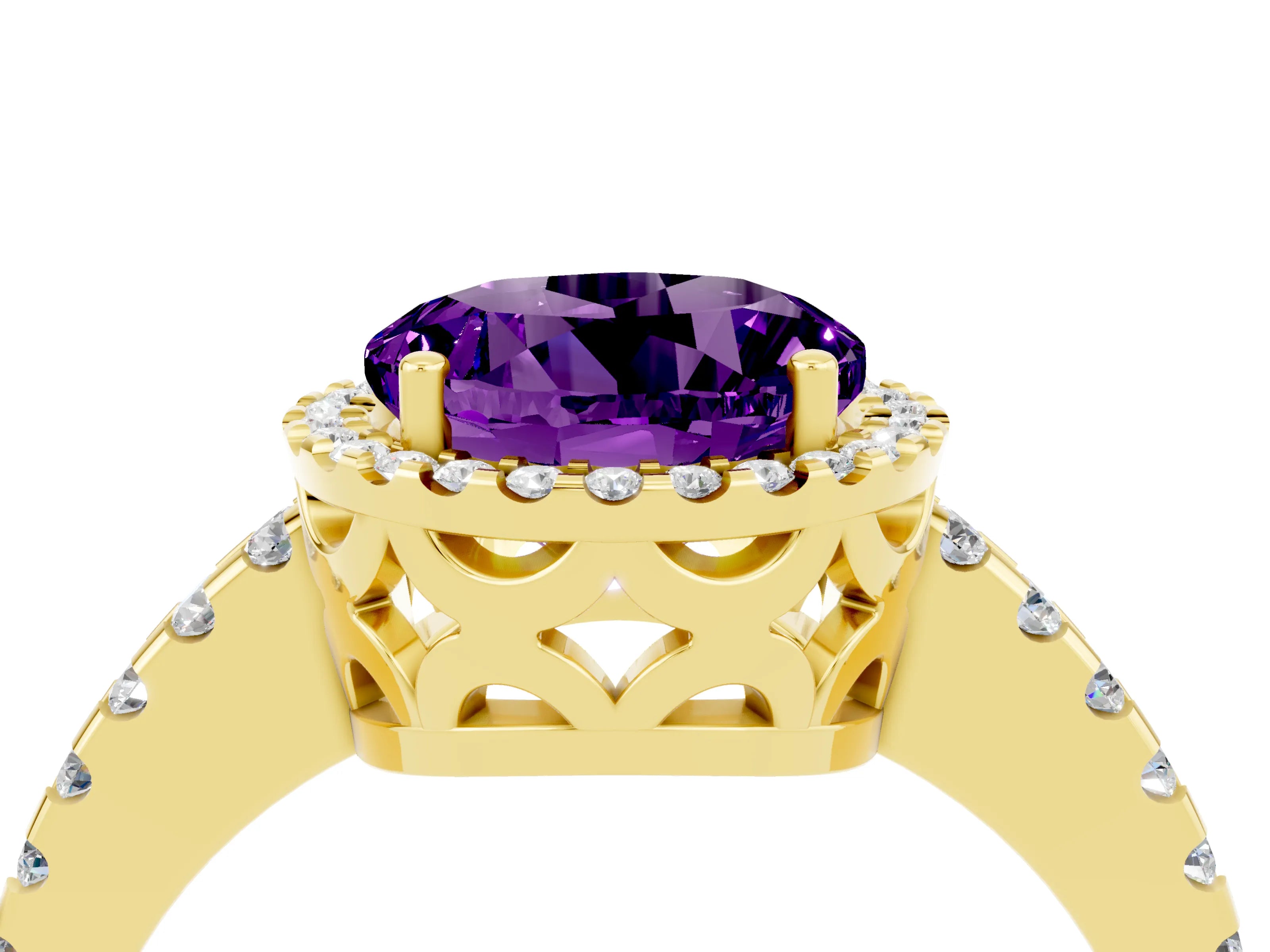 Yellow gold Round Cut Amethyst Halo Engagement Ring with Pavé Band and Prong Setting_16