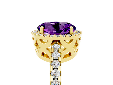 Yellow gold Round Cut Amethyst Halo Engagement Ring with Pavé Band and Prong Setting_17