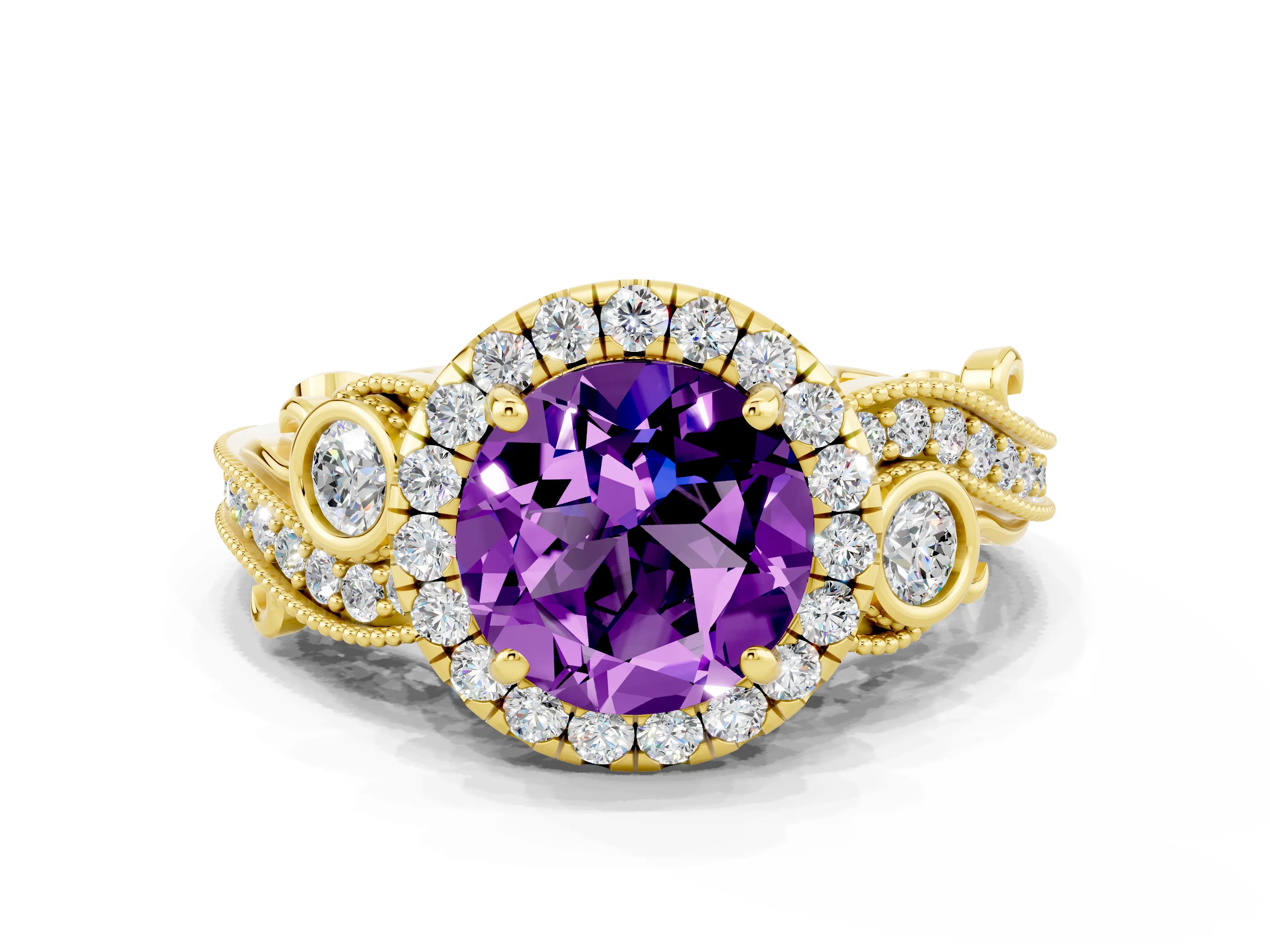 Yellow gold Round Cut Amethyst Halo Ring with Milgrain Pavé Band and Four-Prong Setting_12