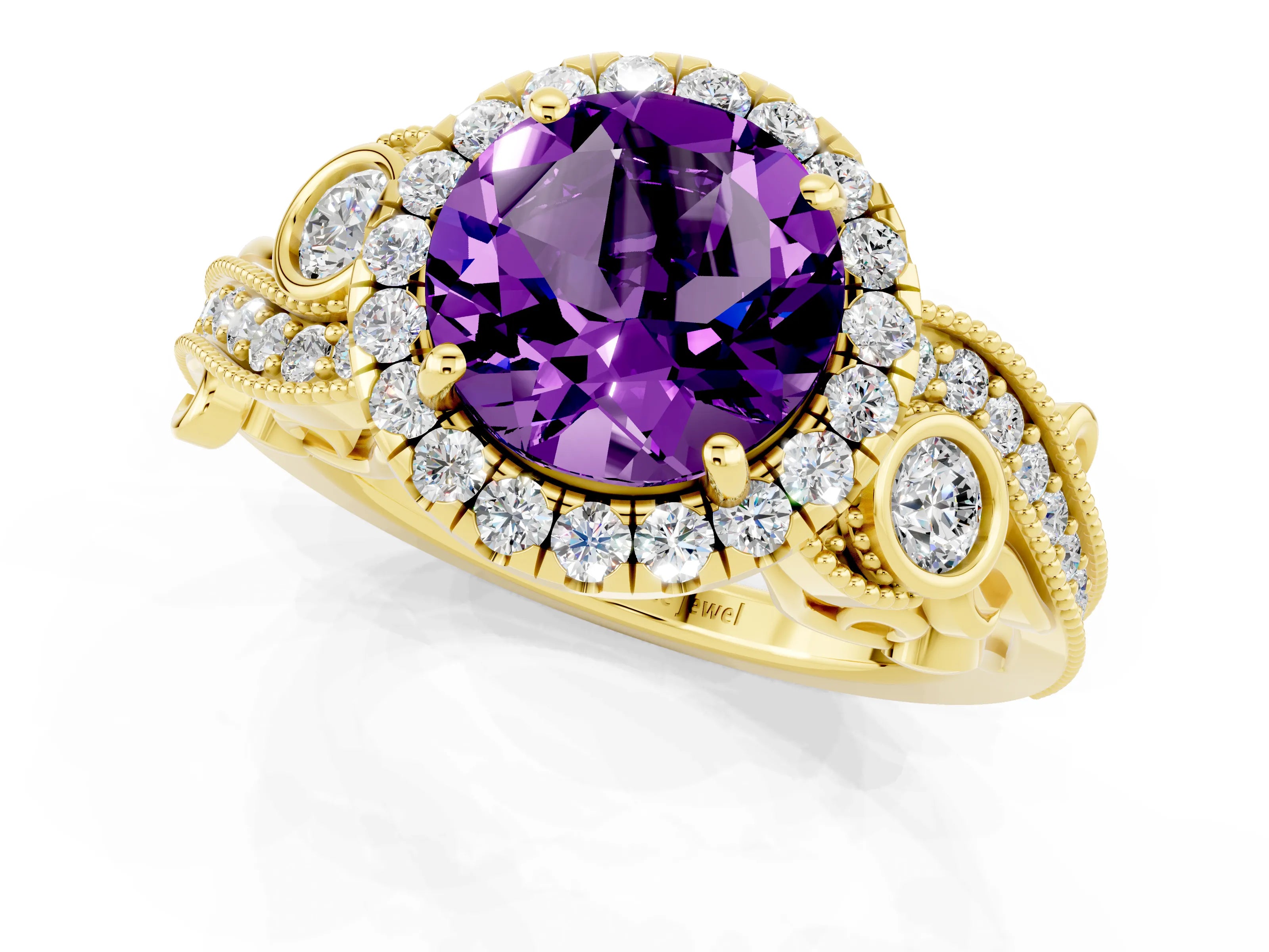 Yellow gold Round Cut Amethyst Halo Ring with Milgrain Pavé Band and Four-Prong Setting_13