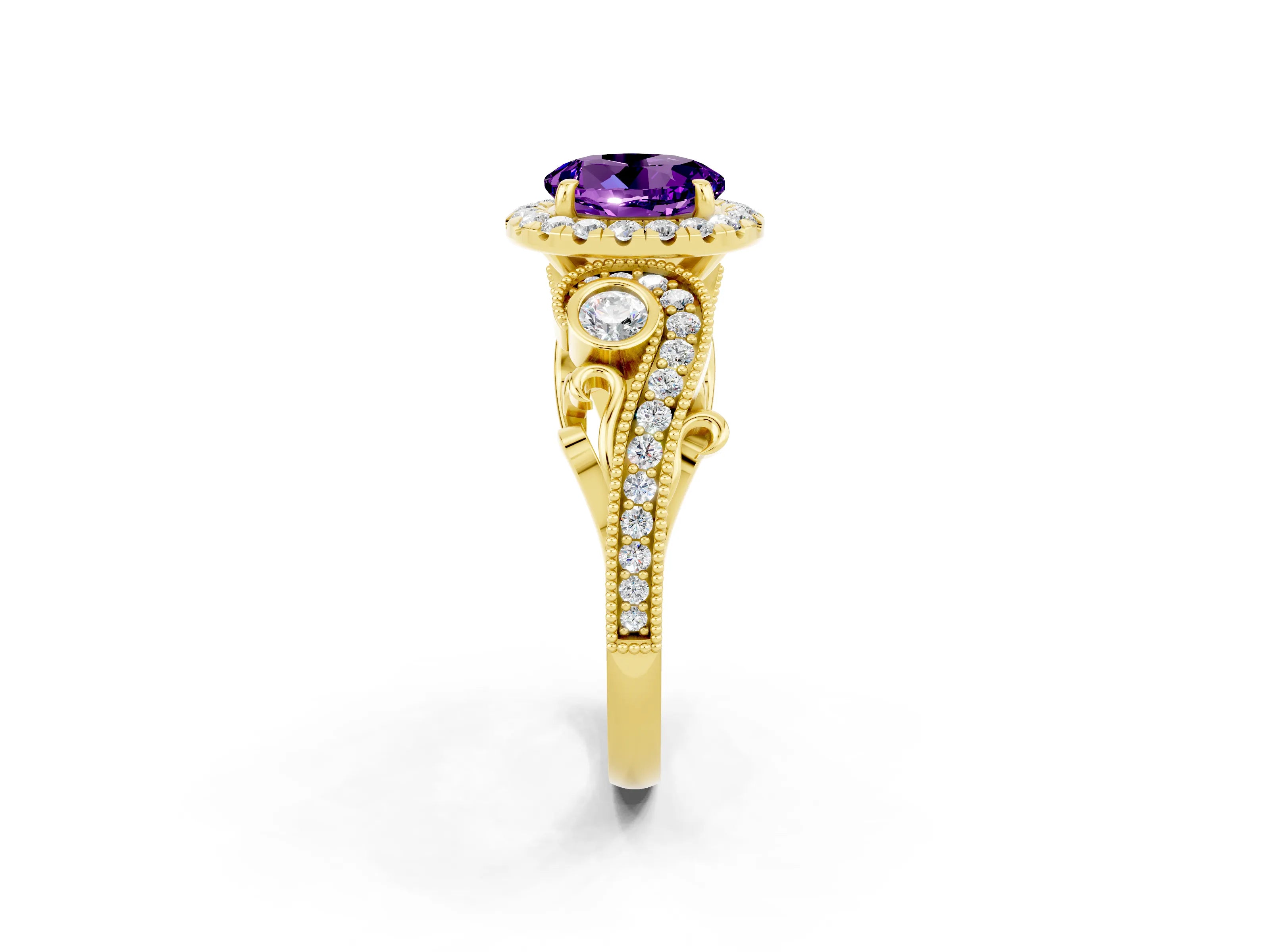Yellow gold Round Cut Amethyst Halo Ring with Milgrain Pavé Band and Four-Prong Setting_14