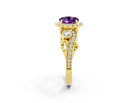 Yellow gold Round Cut Amethyst Halo Ring with Milgrain Pavé Band and Four-Prong Setting_14