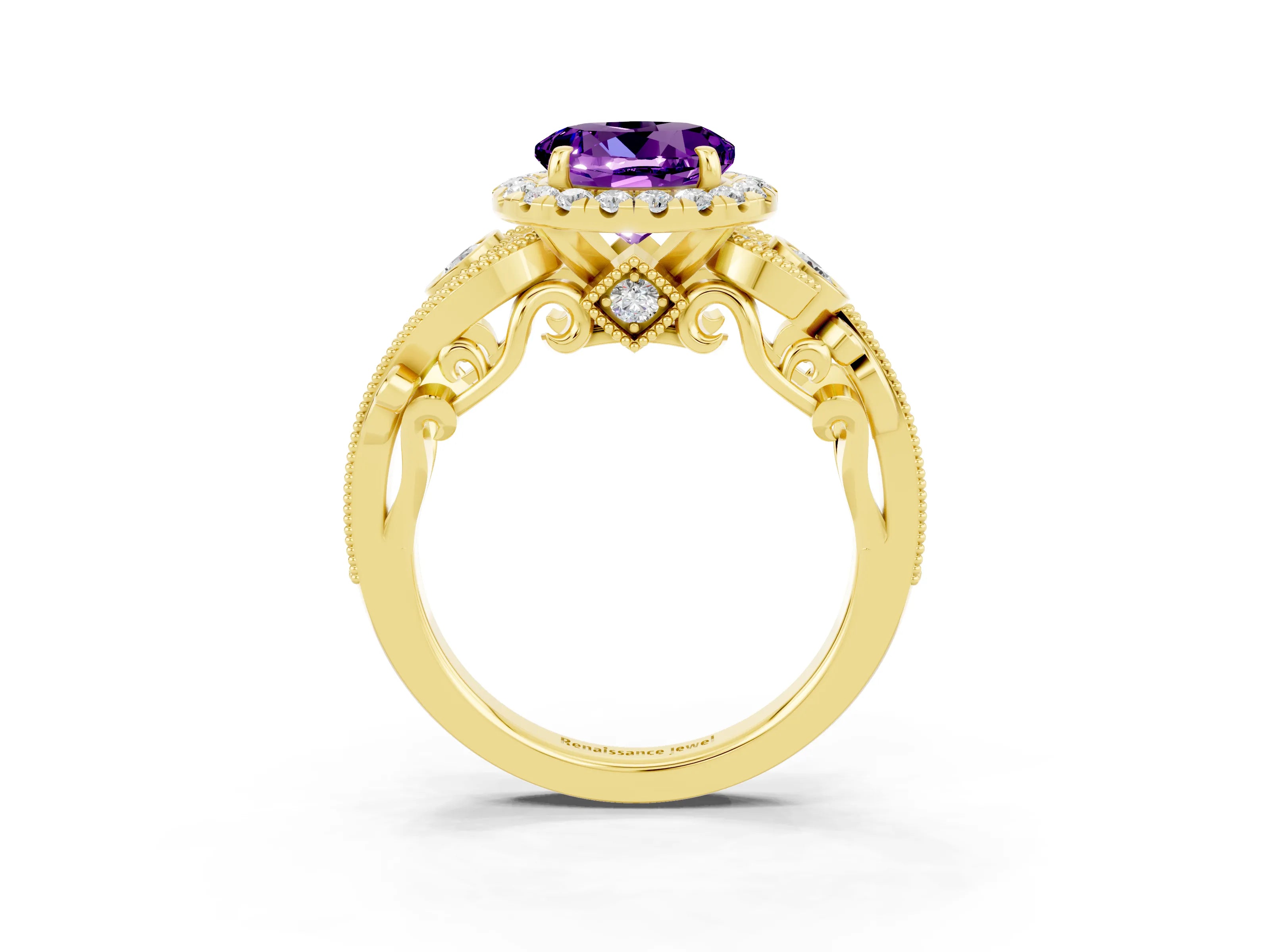 Yellow gold Round Cut Amethyst Halo Ring with Milgrain Pavé Band and Four-Prong Setting_15