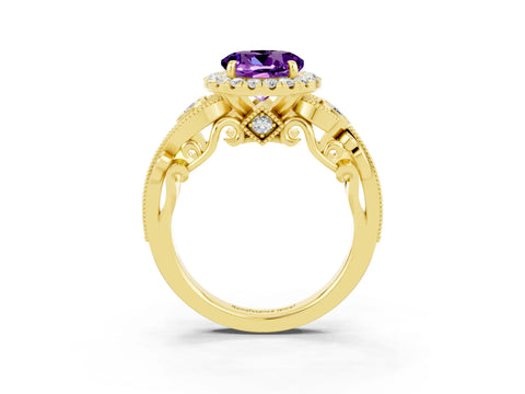 Yellow gold Round Cut Amethyst Halo Ring with Milgrain Pavé Band and Four-Prong Setting_15