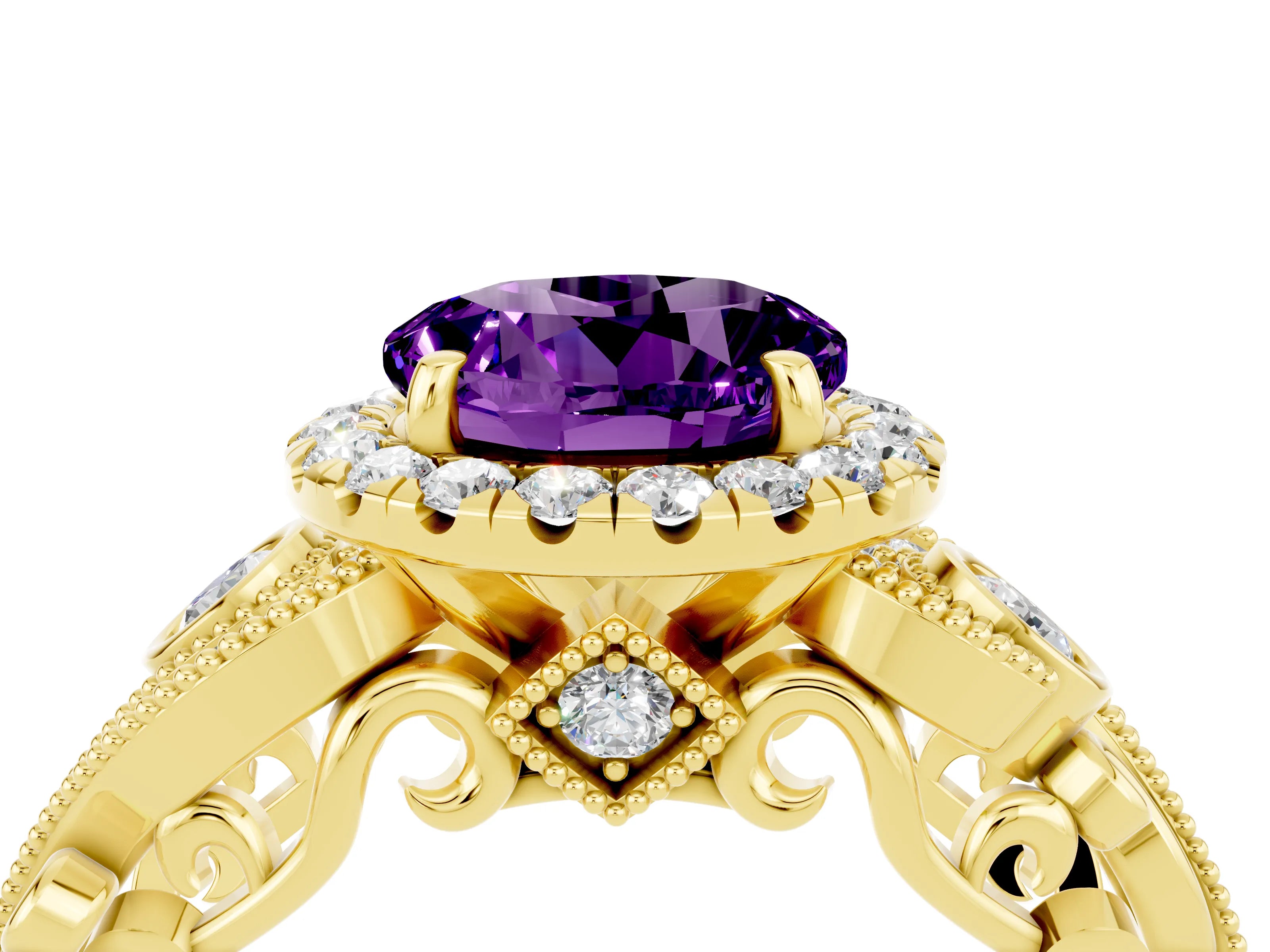Yellow gold Round Cut Amethyst Halo Ring with Milgrain Pavé Band and Four-Prong Setting_16