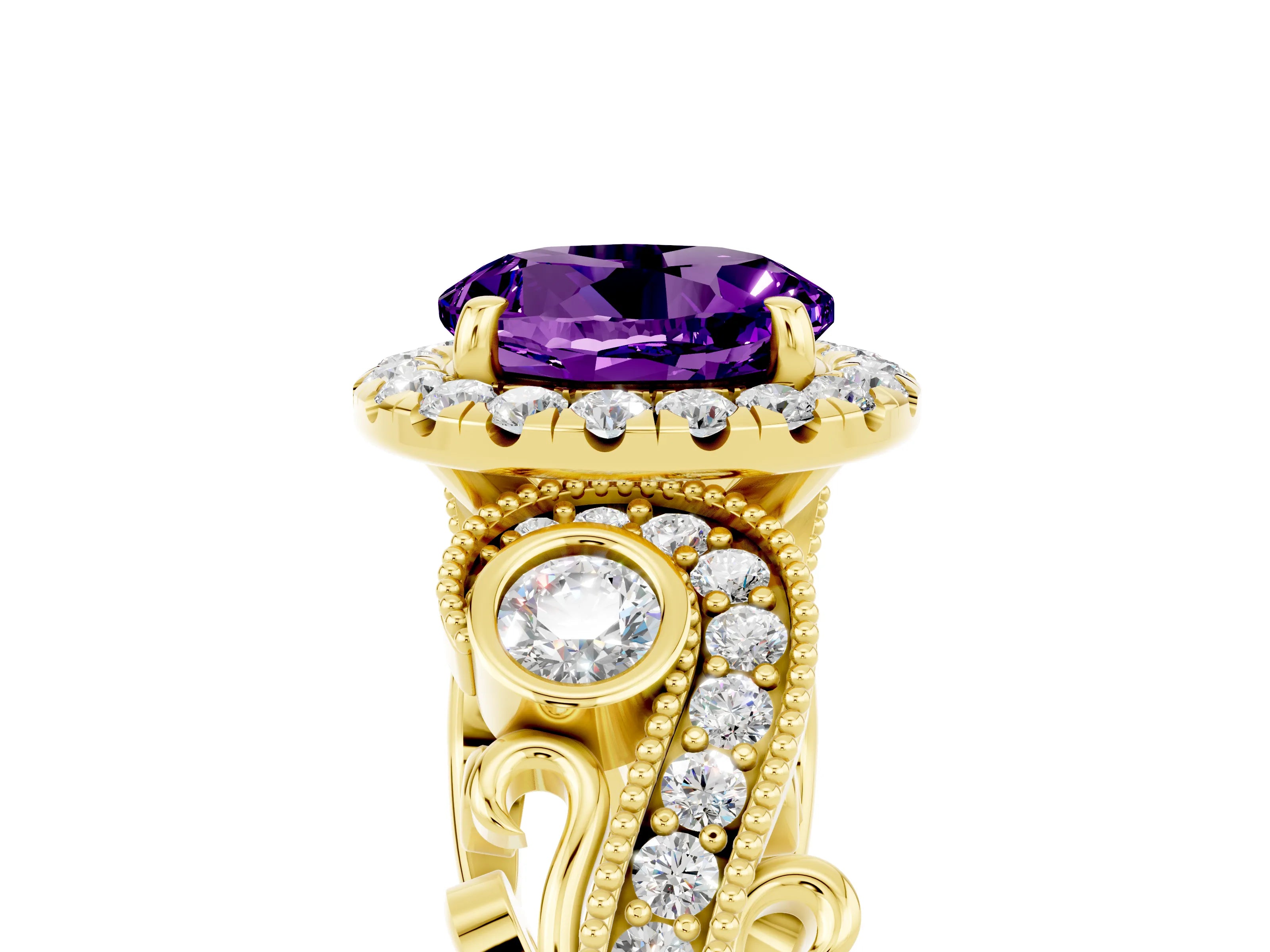 Yellow gold Round Cut Amethyst Halo Ring with Milgrain Pavé Band and Four-Prong Setting_17