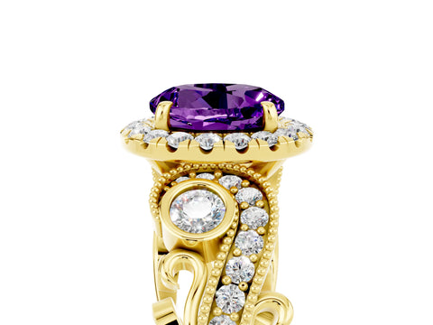 Yellow gold Round Cut Amethyst Halo Ring with Milgrain Pavé Band and Four-Prong Setting_17