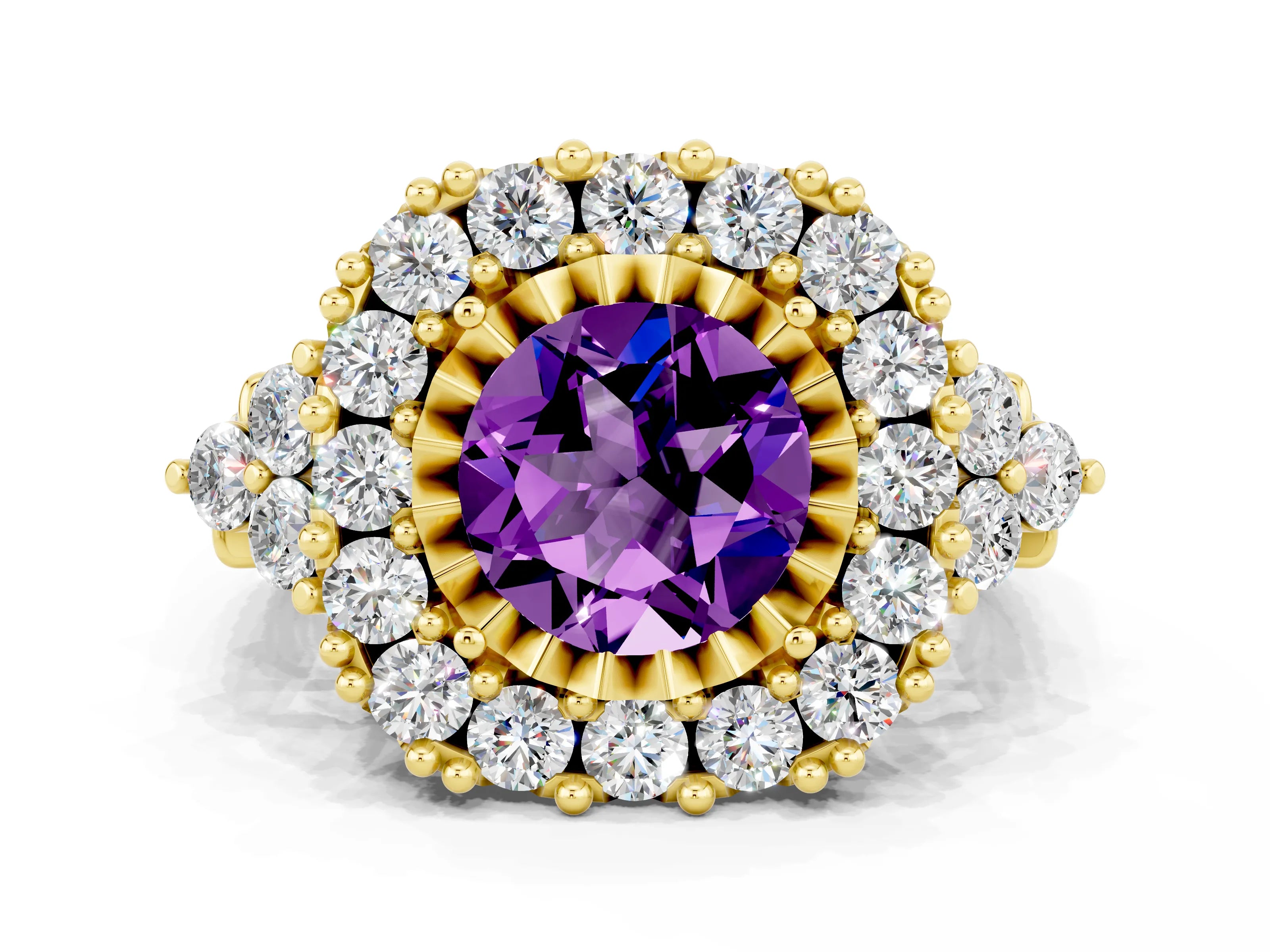 Yellow gold Round Cut Amethyst Halo Ring with Pavé Band and Four-Prong Setting_12
