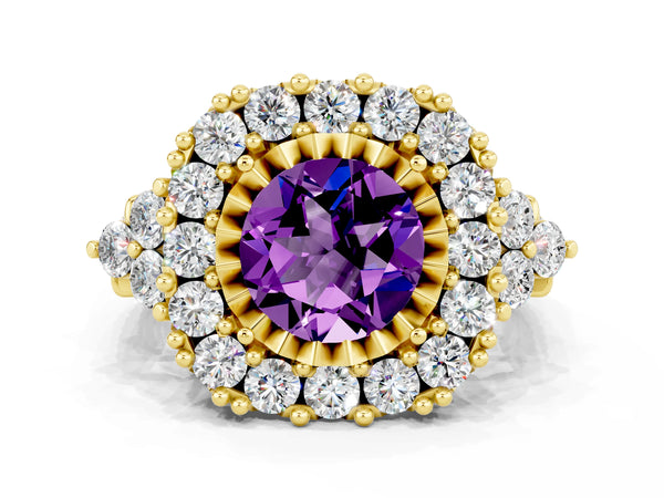 Yellow gold Round Cut Amethyst Halo Ring with Pavé Band and Four-Prong Setting