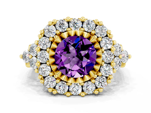 Yellow gold Round Cut Amethyst Halo Ring with Pavé Band and Four-Prong Setting_12