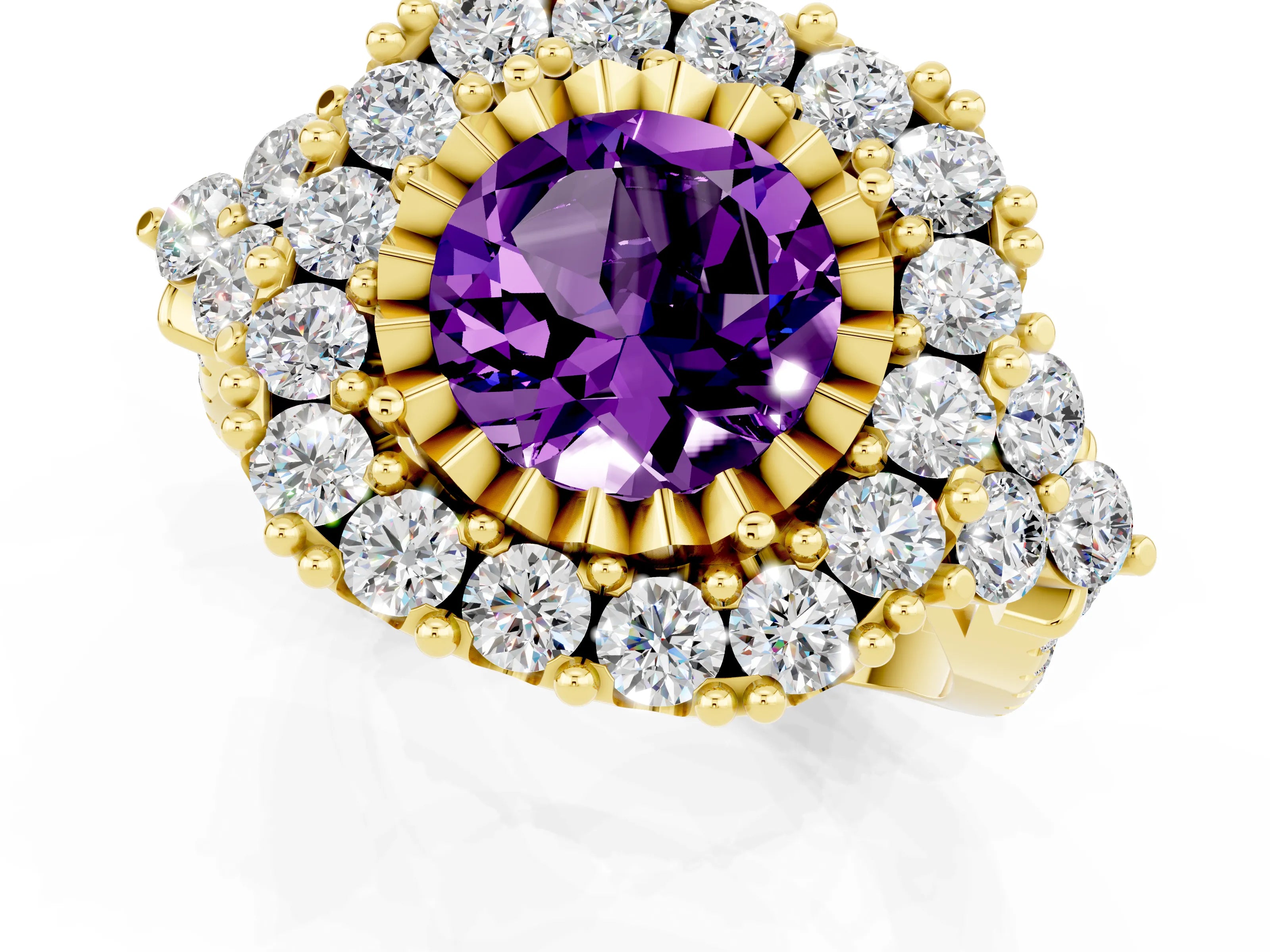 Yellow gold Round Cut Amethyst Halo Ring with Pavé Band and Four-Prong Setting_13