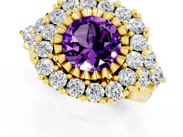 Yellow gold Round Cut Amethyst Halo Ring with Pavé Band and Four-Prong Setting