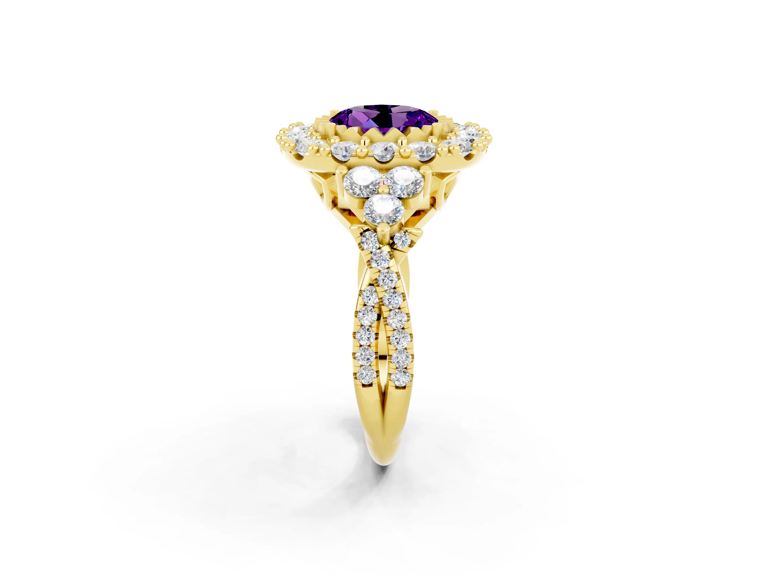 Yellow gold Round Cut Amethyst Halo Ring with Pavé Band and Four-Prong Setting_14