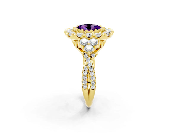 Yellow gold Round Cut Amethyst Halo Ring with Pavé Band and Four-Prong Setting