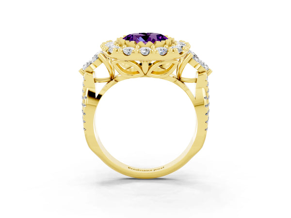 Yellow gold Round Cut Amethyst Halo Ring with Pavé Band and Four-Prong Setting