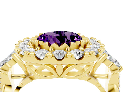 Yellow gold Round Cut Amethyst Halo Ring with Pavé Band and Four-Prong Setting_16