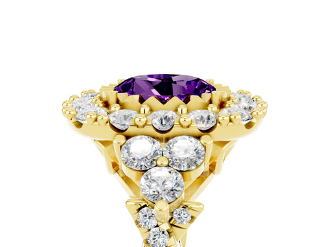 Yellow gold Round Cut Amethyst Halo Ring with Pavé Band and Four-Prong Setting_17