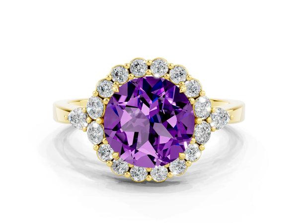Yellow gold Round Cut Amethyst Halo Ring with Pear Side Stones and Prong Setting