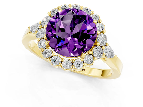 Yellow gold Round Cut Amethyst Halo Ring with Pear Side Stones and Prong Setting