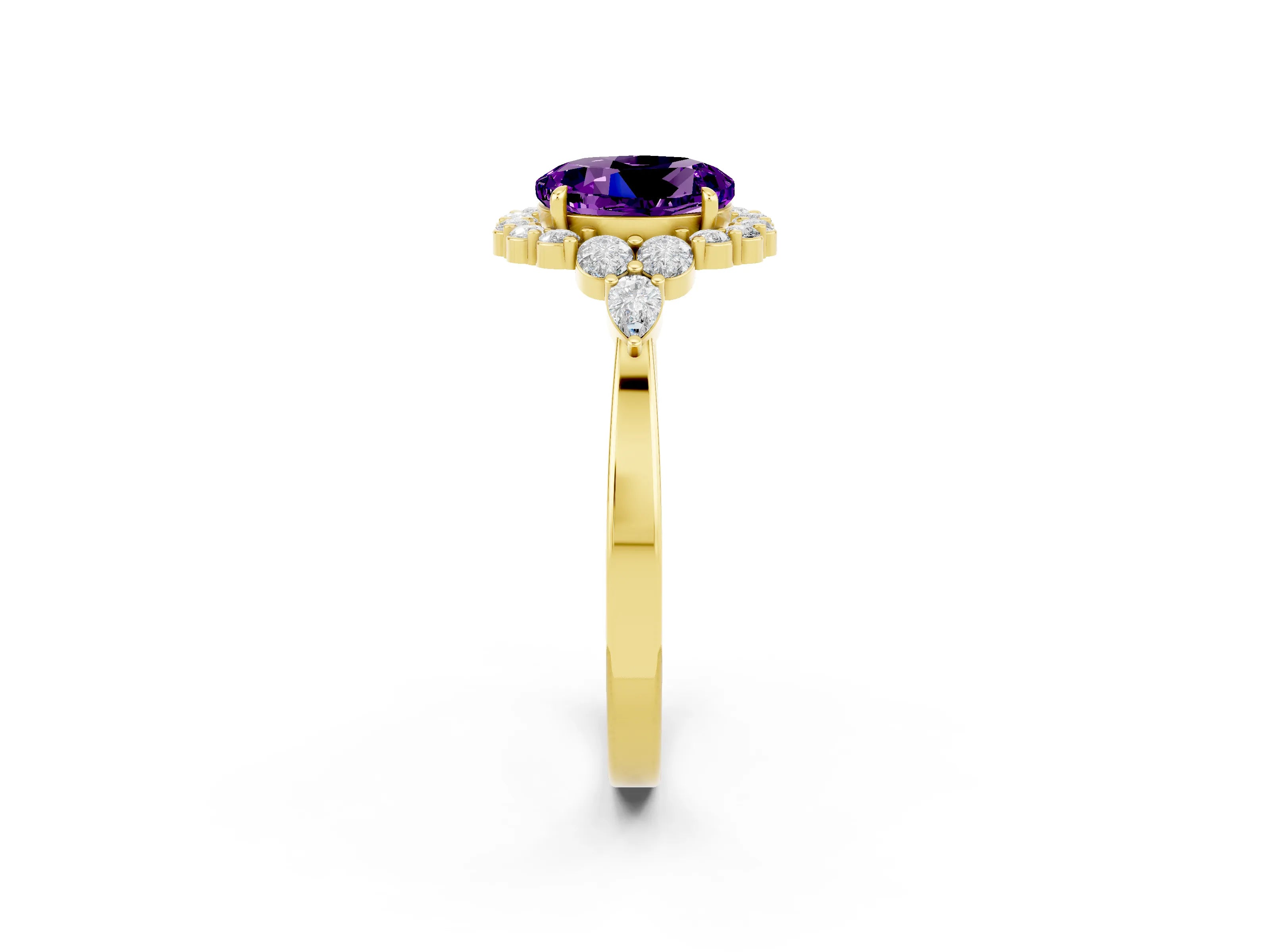 Yellow gold Round Cut Amethyst Halo Ring with Pear Side Stones and Prong Setting_14