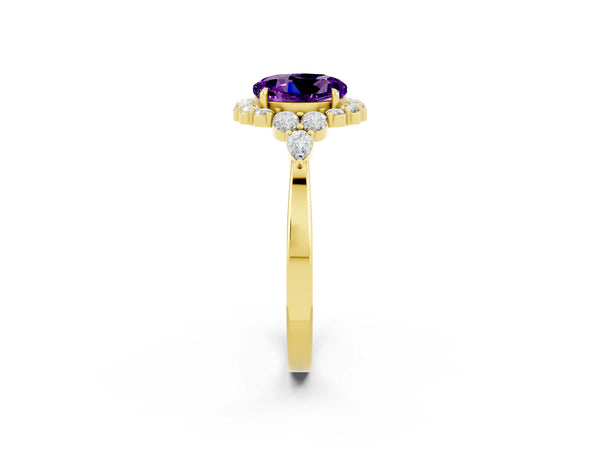 Yellow gold Round Cut Amethyst Halo Ring with Pear Side Stones and Prong Setting