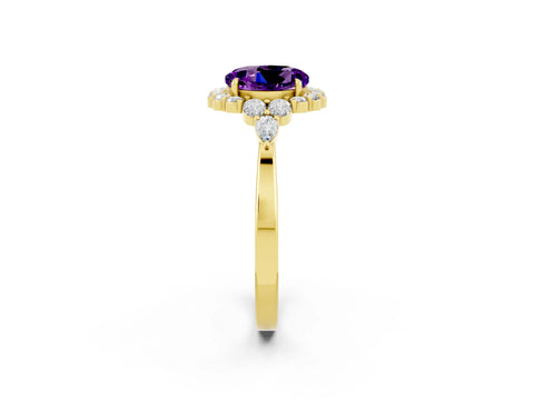 Yellow gold Round Cut Amethyst Halo Ring with Pear Side Stones and Prong Setting_14