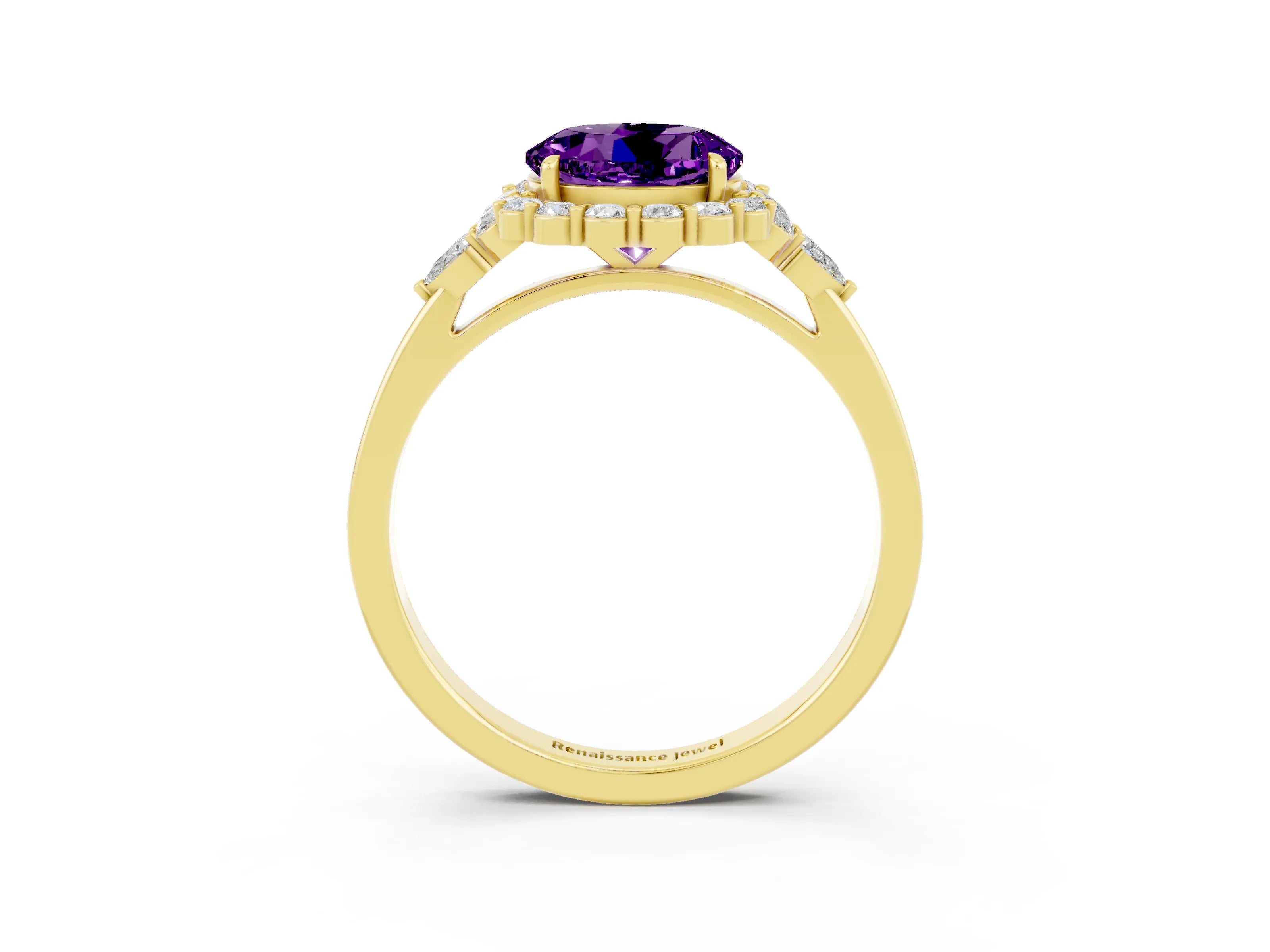 Yellow gold Round Cut Amethyst Halo Ring with Pear Side Stones and Prong Setting_15