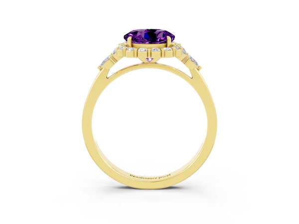 Yellow gold Round Cut Amethyst Halo Ring with Pear Side Stones and Prong Setting
