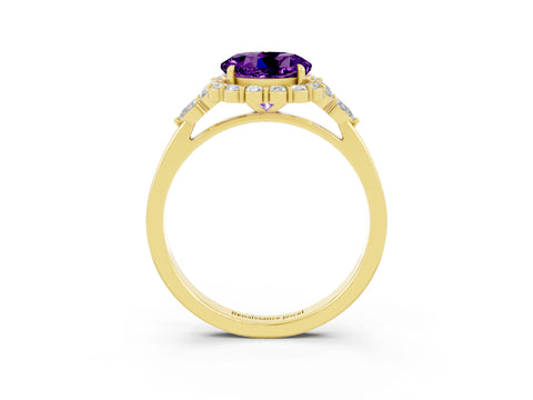 Yellow gold Round Cut Amethyst Halo Ring with Pear Side Stones and Prong Setting_15