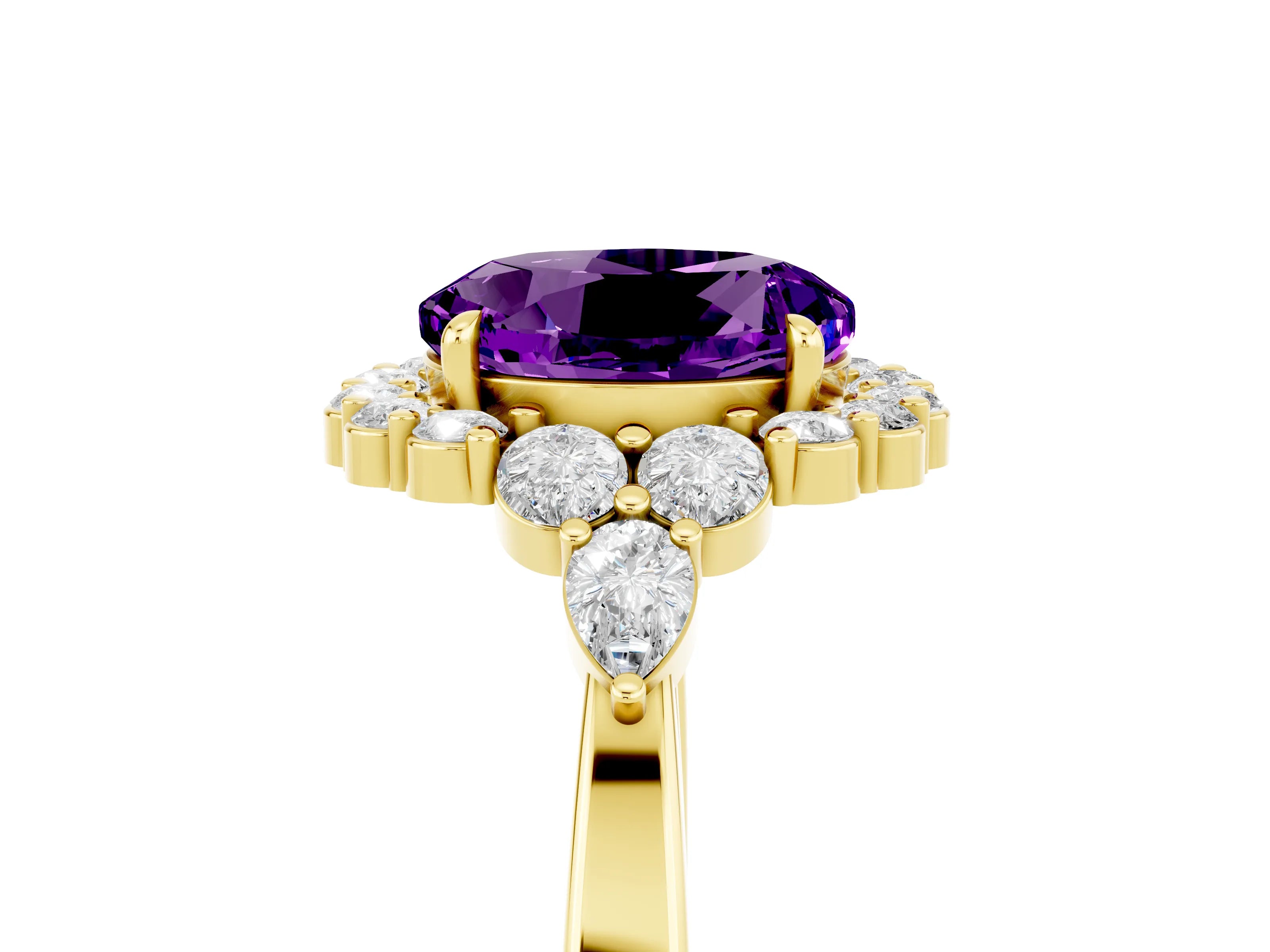 Yellow gold Round Cut Amethyst Halo Ring with Pear Side Stones and Prong Setting_17