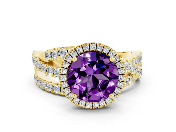Yellow gold Round Cut Amethyst Halo Ring with Round Split Shank and Prong Setting
