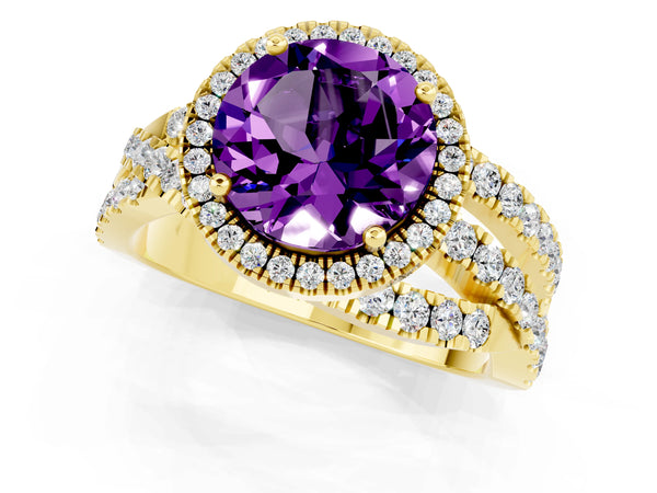 Yellow gold Round Cut Amethyst Halo Ring with Round Split Shank and Prong Setting