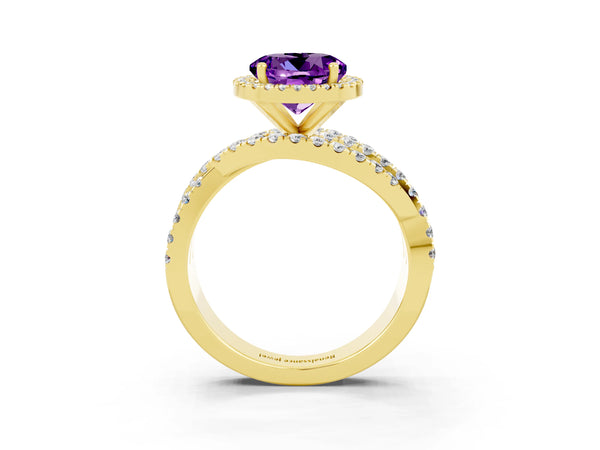 Yellow gold Round Cut Amethyst Halo Ring with Round Split Shank and Prong Setting