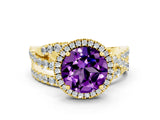 Yellow gold Round Cut Amethyst Halo Ring with Round Split Shank and Prong Setting_48