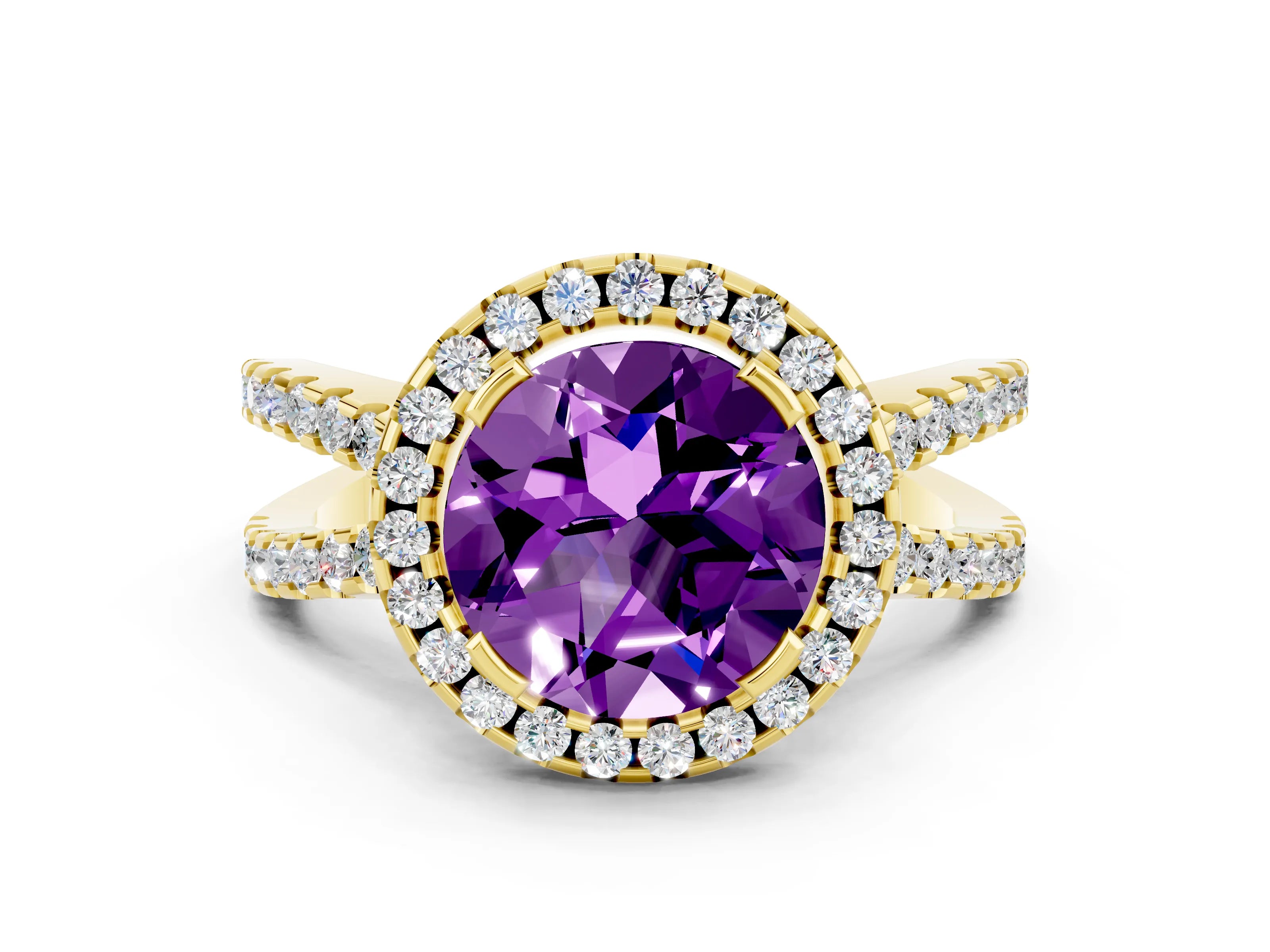 Yellow gold Round Cut Amethyst Halo Ring with Split Shank Pavé Band and Prong Setting