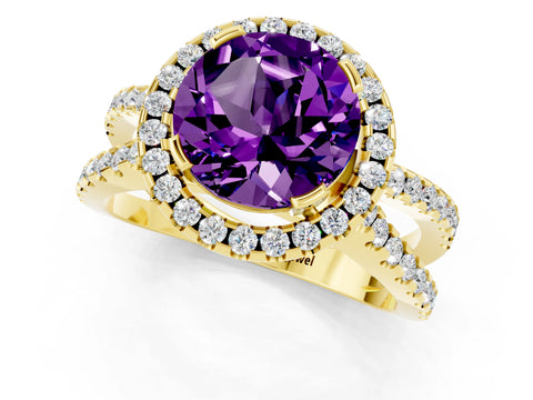 Yellow gold Round Cut Amethyst Halo Ring with Split Shank Pavé Band and Prong Setting_1